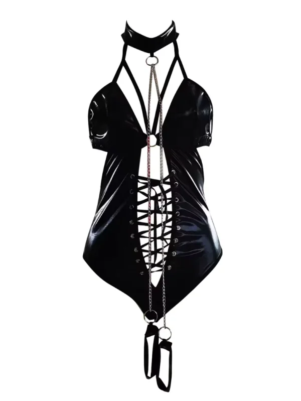 Black lace up latex hot dress