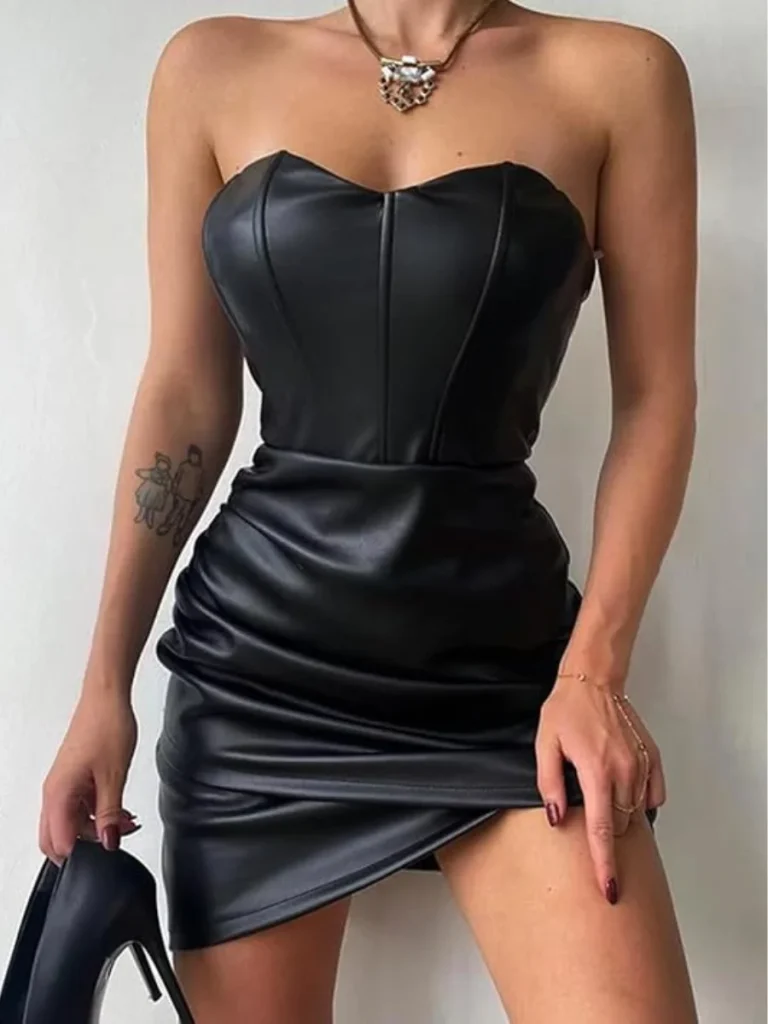 Black Latex Bodycon Faux Leather Mini Dress Casual | Latex Sexy Mini Dress for Party